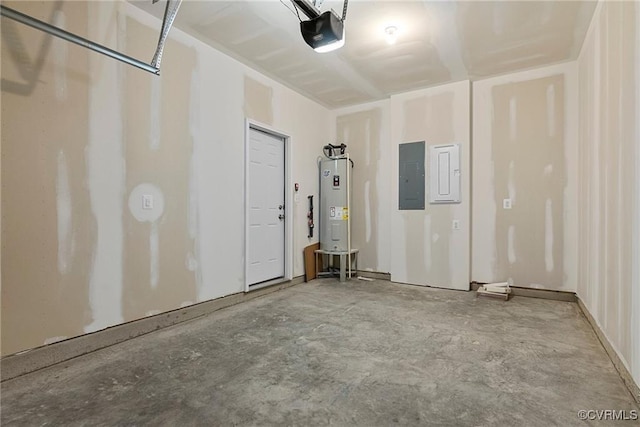 garage featuring electric panel, a garage door opener, and water heater