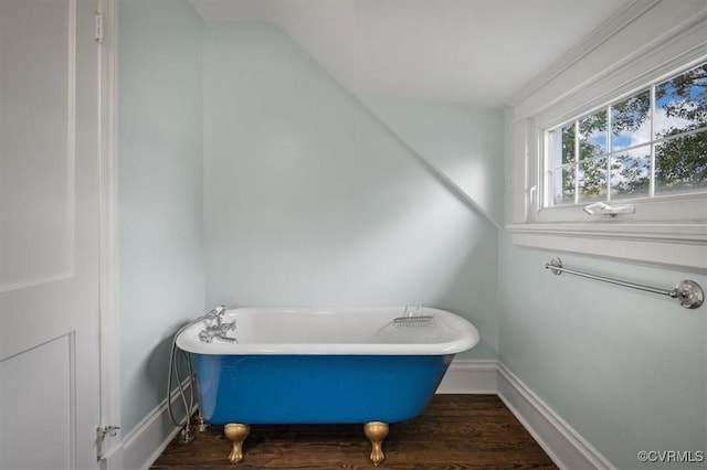 bathroom with a freestanding bath, baseboards, and wood finished floors