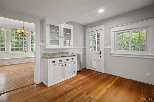 interior space featuring glass insert cabinets, radiator, white cabinetry, and a healthy amount of sunlight