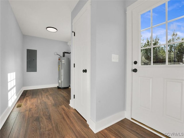 interior space featuring dark hardwood / wood-style floors, electric water heater, and electric panel