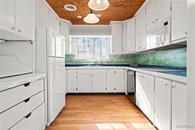 kitchen featuring wood ceiling, white cabinets, and white appliances