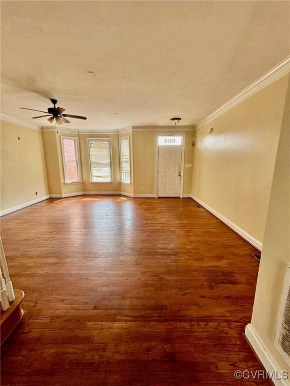 interior space featuring crown molding, dark hardwood / wood-style floors, and ceiling fan