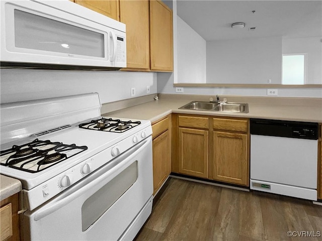 kitchen with dark hardwood / wood-style floors, white appliances, and sink