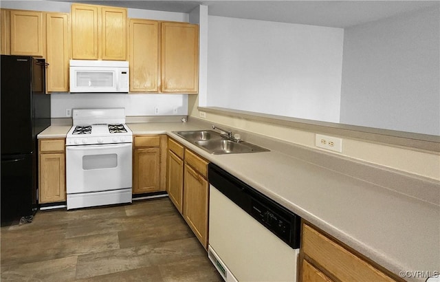 kitchen with light brown cabinets, dark hardwood / wood-style flooring, white appliances, and sink