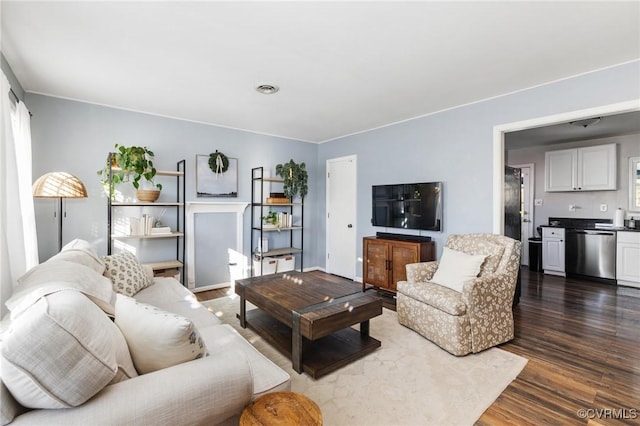 living room featuring dark wood-type flooring