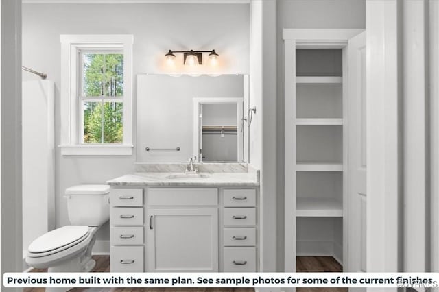 bathroom featuring wood finished floors, vanity, toilet, and a walk in closet