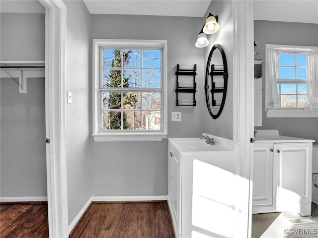 bathroom featuring hardwood / wood-style floors and vanity