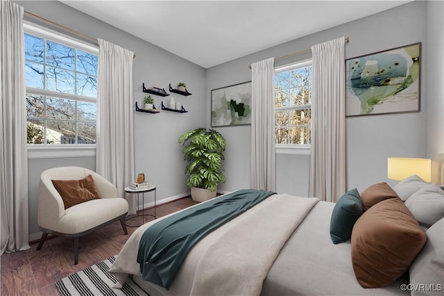 bedroom featuring multiple windows and dark wood-type flooring