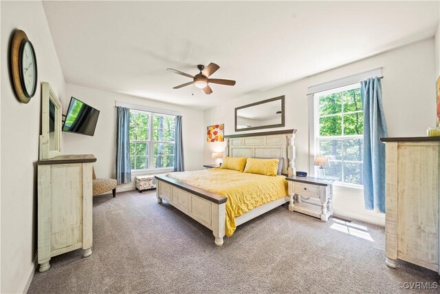 carpeted bedroom featuring ceiling fan and multiple windows