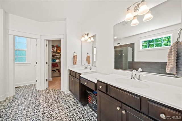 bathroom with vanity and a shower with shower door