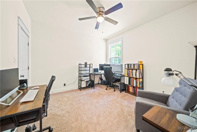 office featuring light colored carpet and ceiling fan