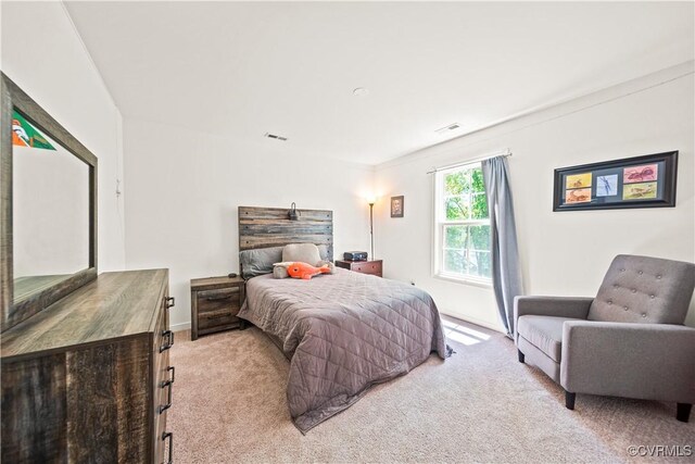 bedroom featuring light colored carpet