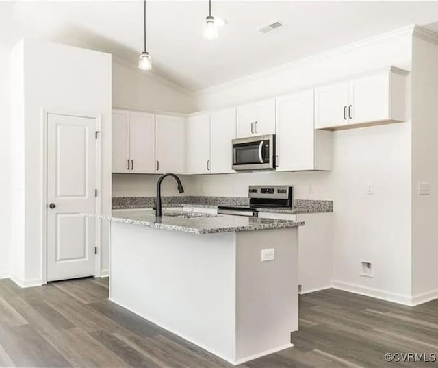 kitchen featuring a center island with sink, stainless steel appliances, white cabinets, and stone countertops