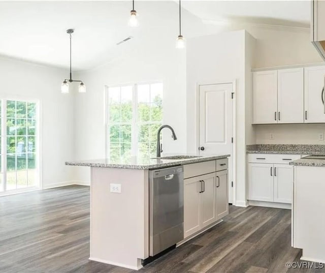 kitchen with hanging light fixtures, white cabinets, dishwasher, and an island with sink