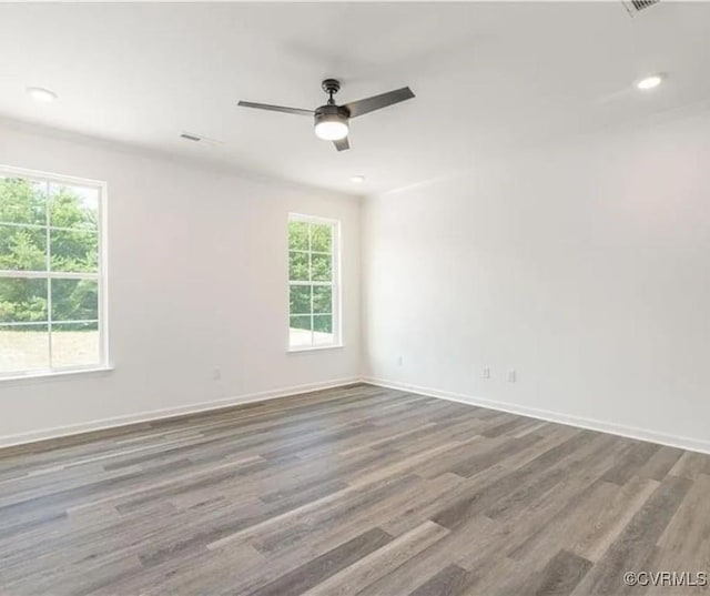 unfurnished room featuring ceiling fan, a wealth of natural light, and hardwood / wood-style floors