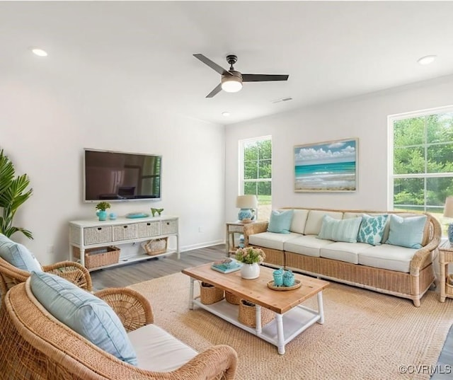 living room with ceiling fan, a wealth of natural light, and hardwood / wood-style flooring