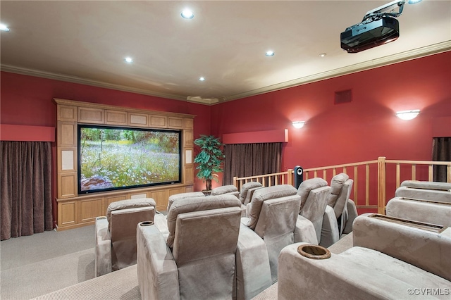 16460 W Crescent Ln, Hanover, VA 23192 - home theater room featuring light carpet, recessed lighting, and ornamental molding