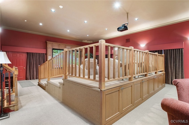 16460 W Crescent Ln, Hanover, VA 23192 - home theater room featuring light colored carpet, crown molding, and recessed lighting