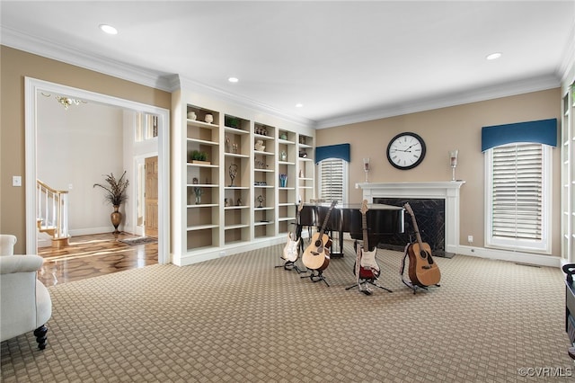 16460 W Crescent Ln, Hanover, VA 23192 - living area with a high end fireplace, built in features, crown molding, baseboards, and recessed lighting