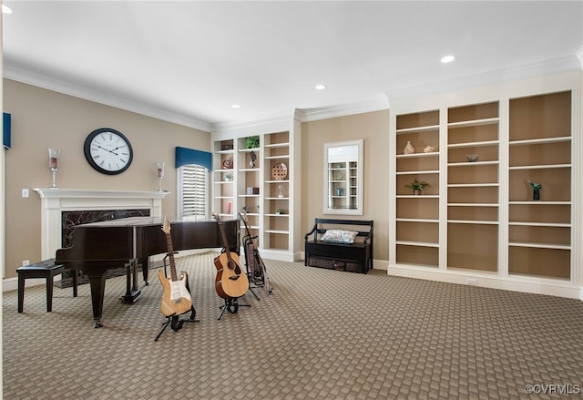 16460 W Crescent Ln, Hanover, VA 23192 - living area with a premium fireplace, carpet, built in shelves, ornamental molding, and recessed lighting