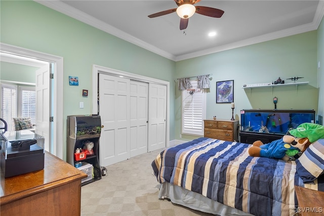 16460 W Crescent Ln, Hanover, VA 23192 - bedroom featuring ornamental molding, a closet, a ceiling fan, and carpet floors