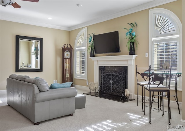16460 W Crescent Ln, Hanover, VA 23192 - living room featuring a fireplace, healthy amount of natural light, a ceiling fan, crown molding, and carpet