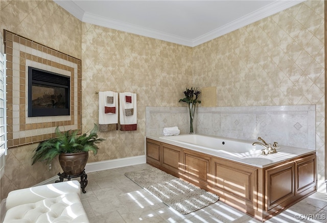 16460 W Crescent Ln, Hanover, VA 23192 - bathroom with crown molding, a bath, and tile walls