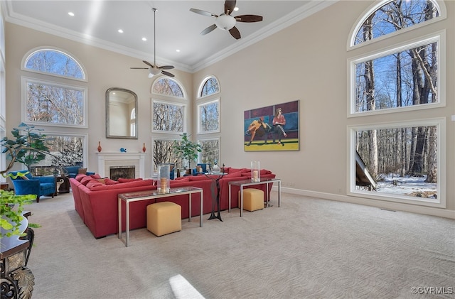 16460 W Crescent Ln, Hanover, VA 23192 - carpeted living room with a towering ceiling, a ceiling fan, healthy amount of natural light, a fireplace, and recessed lighting