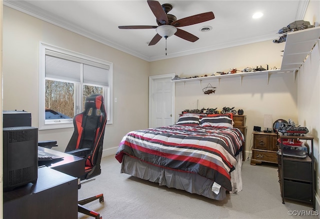 16460 W Crescent Ln, Hanover, VA 23192 - carpeted bedroom featuring ornamental molding, a desk, a ceiling fan, baseboards, and recessed lighting