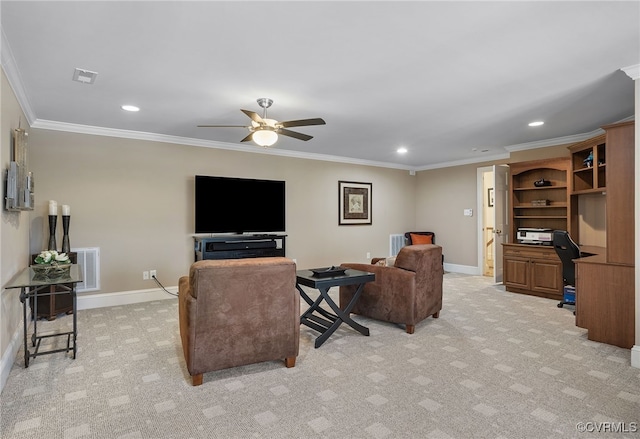16460 W Crescent Ln, Hanover, VA 23192 - living room featuring an office area, recessed lighting, crown molding, ceiling fan, and light colored carpet
