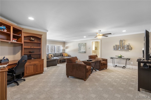 16460 W Crescent Ln, Hanover, VA 23192 - living room featuring an office area, recessed lighting, light carpet, crown molding, and ceiling fan