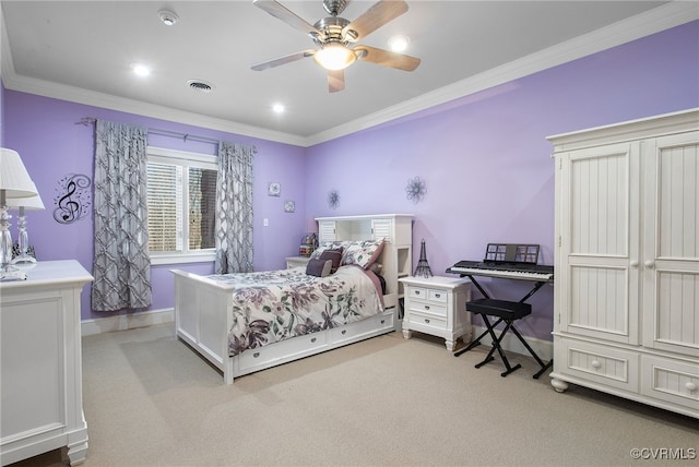 16460 W Crescent Ln, Hanover, VA 23192 - bedroom with ornamental molding, light colored carpet, baseboards, and a ceiling fan