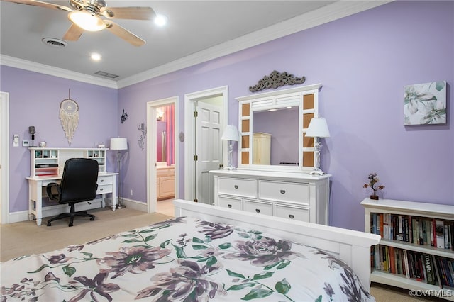 16460 W Crescent Ln, Hanover, VA 23192 - bedroom with light colored carpet, crown molding, an office area, baseboards, and connected bathroom