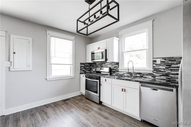 kitchen with white cabinets, sink, hanging light fixtures, decorative backsplash, and stainless steel appliances