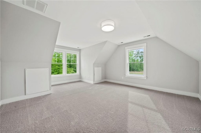 bonus room featuring light carpet, a wealth of natural light, and lofted ceiling