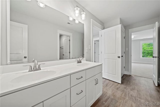 bathroom with vanity and hardwood / wood-style flooring