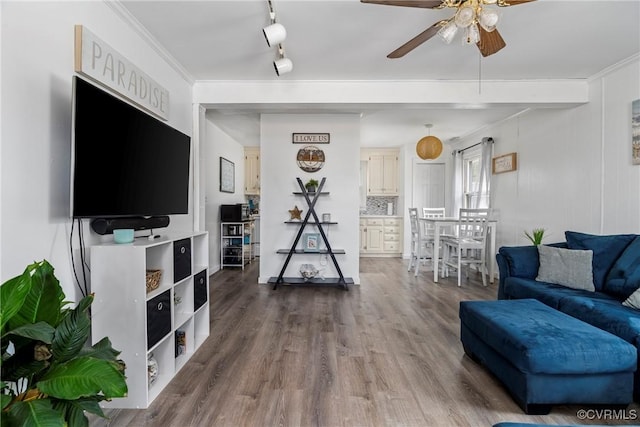 living room with wood-type flooring, rail lighting, ceiling fan, and crown molding