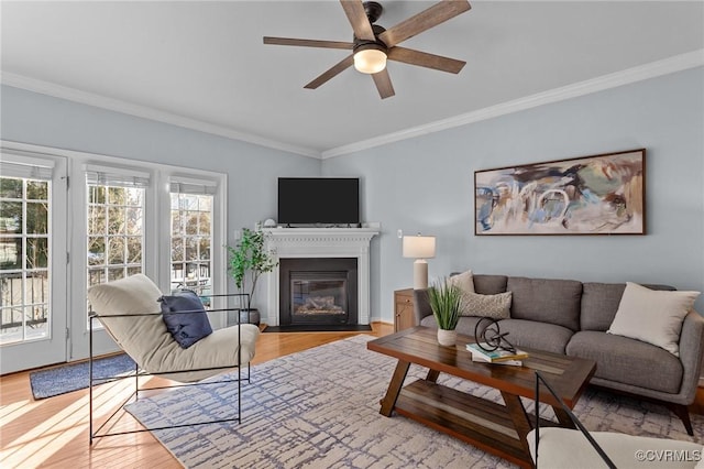 living room featuring ceiling fan, crown molding, and light hardwood / wood-style floors