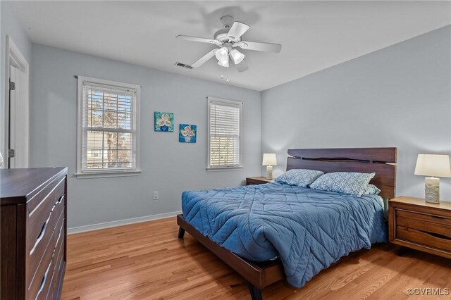 bedroom with light hardwood / wood-style floors and ceiling fan