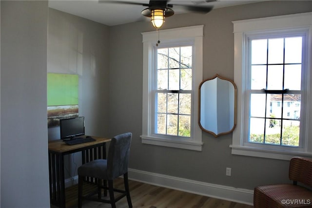 office area featuring ceiling fan and wood-type flooring