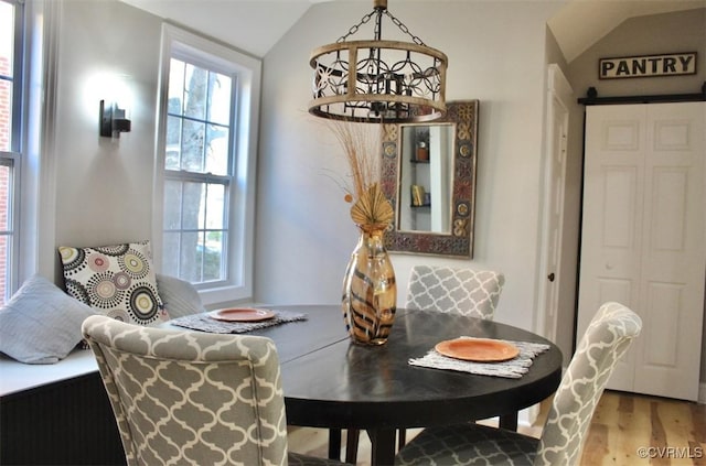 dining room with vaulted ceiling, plenty of natural light, and wood-type flooring