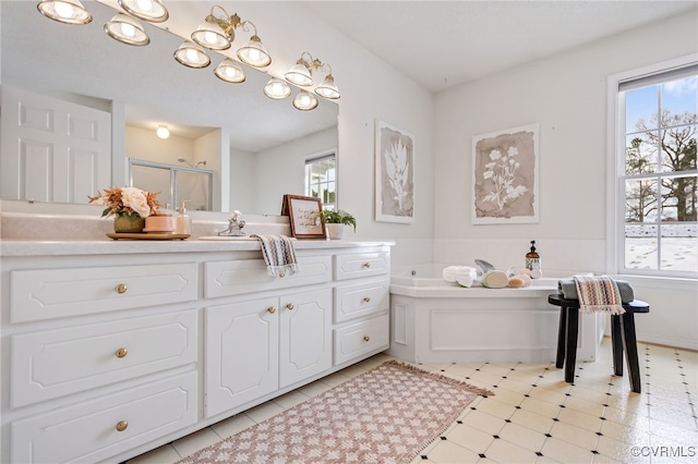 bathroom with vanity, a healthy amount of sunlight, and independent shower and bath