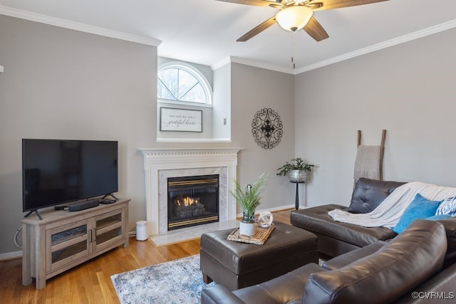 living room with a premium fireplace, ceiling fan, light hardwood / wood-style floors, and crown molding