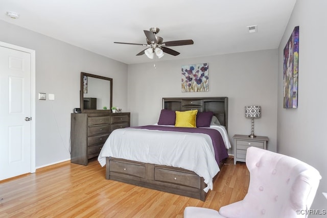 bedroom featuring ceiling fan and light hardwood / wood-style flooring