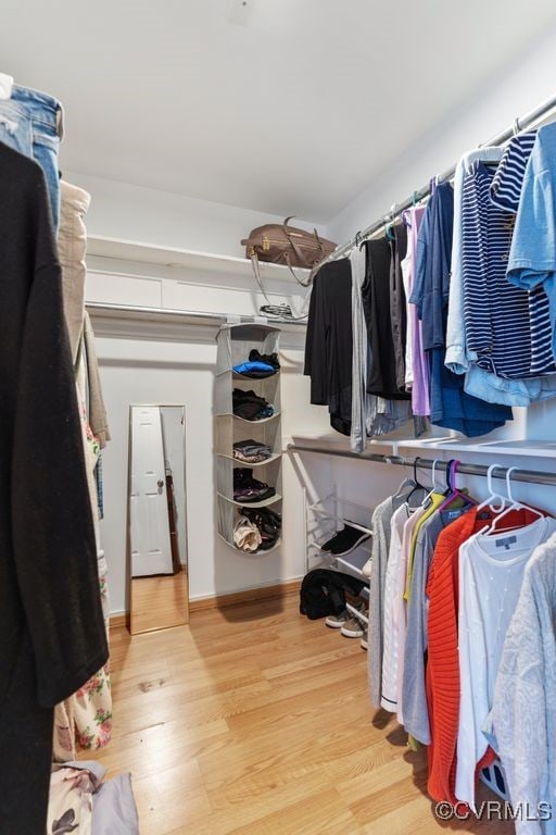 walk in closet with light hardwood / wood-style flooring