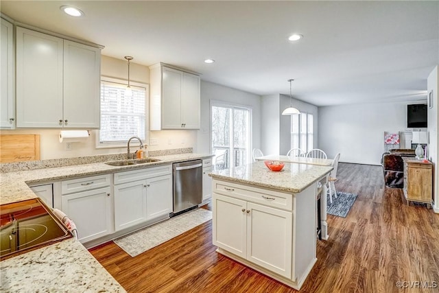 kitchen featuring sink, pendant lighting, dark hardwood / wood-style floors, and dishwasher