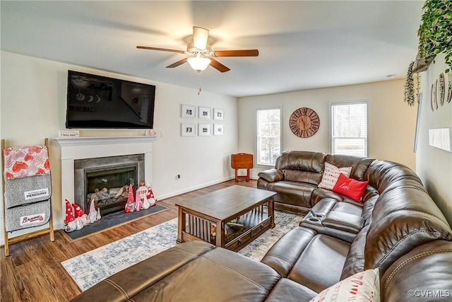 living room with hardwood / wood-style flooring and ceiling fan