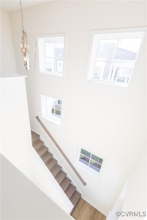 stairway featuring wood-type flooring and a chandelier