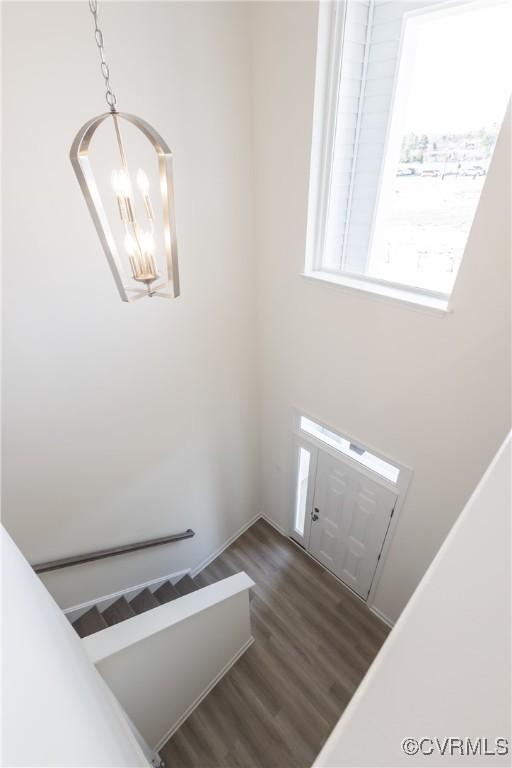 foyer featuring a chandelier and dark wood-type flooring