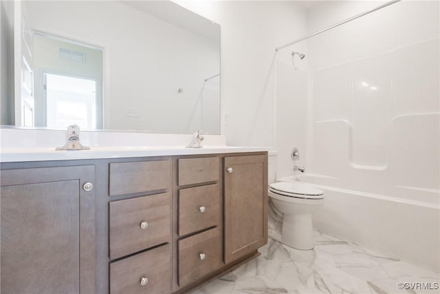 full bathroom with toilet, washtub / shower combination, and vanity